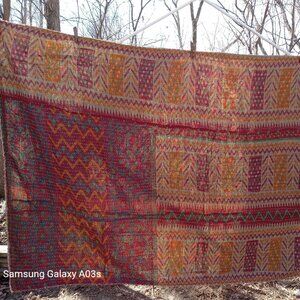 Kantha Quilt Brown Tan Green Orange 50.5" x 85" Premium 3 Layer Cotton K139.